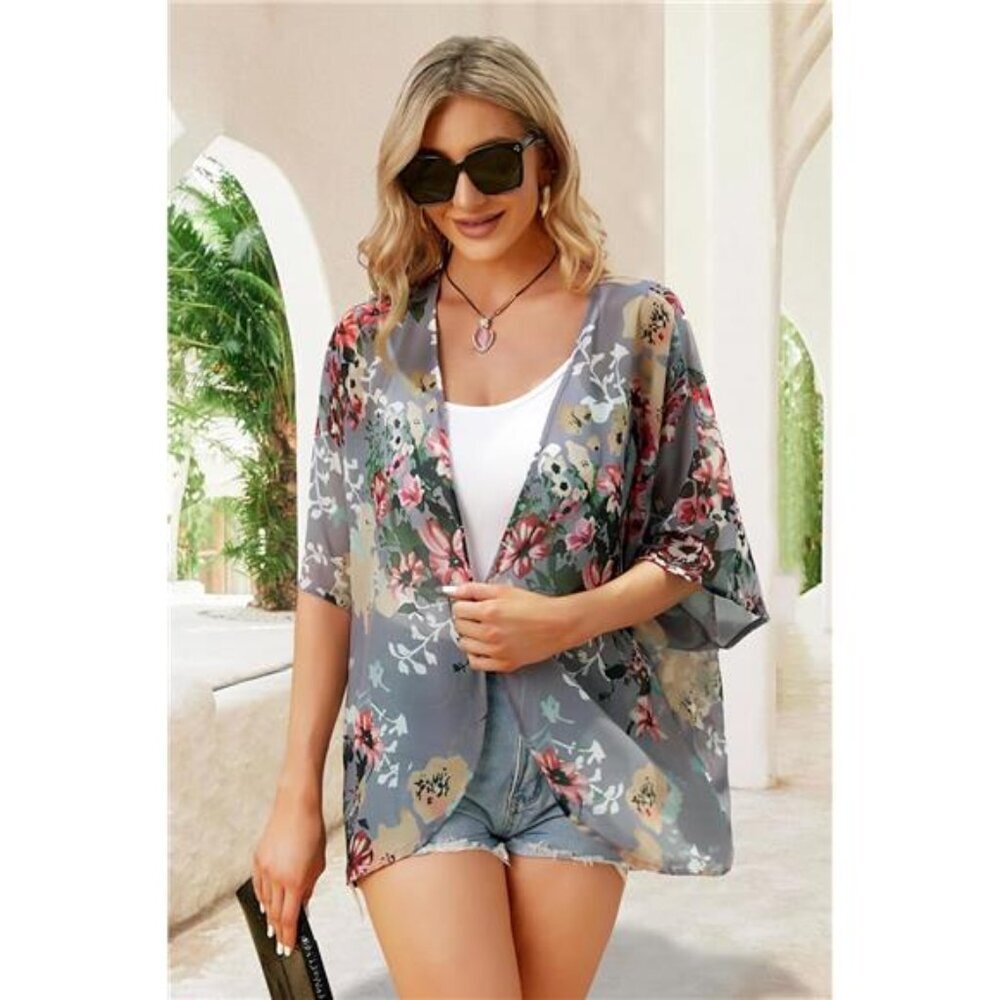 Women's Floral Print Puff Sleeve Kimono Cardigan Loose Cover Up Casual Blouse - Picture 6 of 7